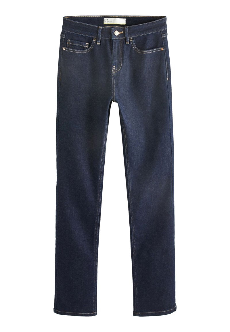 Schmal geschnittene dunkelblaue Jeans mit kontrastierenden gelben Nähten, Fünf-Taschen-Design und einem klassischen Knopfverschluss an der Taille.