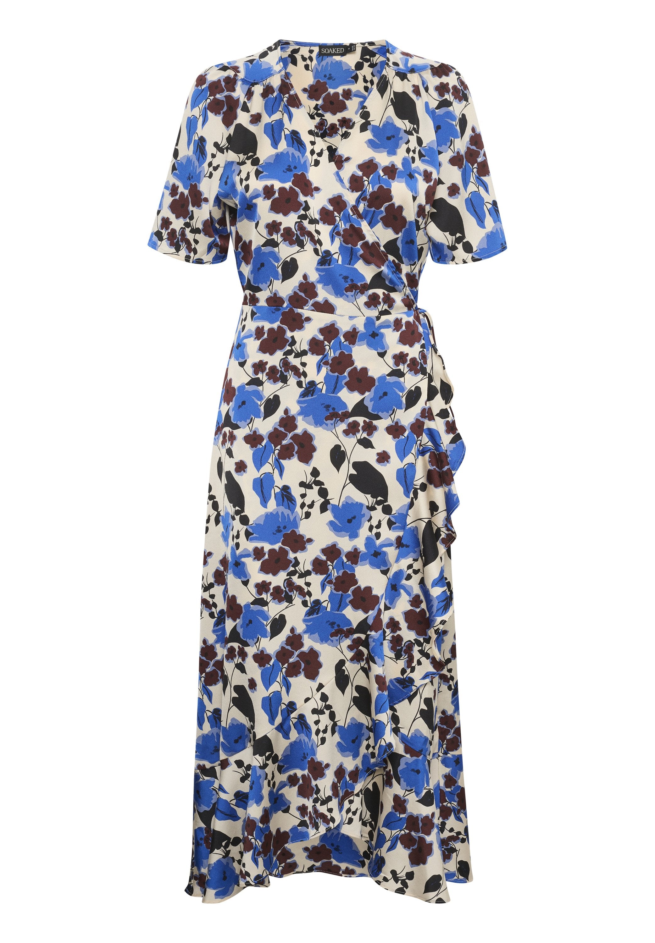 Wickelkleid in Creme mit blauem und burgunderfarbenem Blumenmuster. Kurze Ärmel, geraffter Saum und Bindedetail in der Taille. Weicher Stoff.