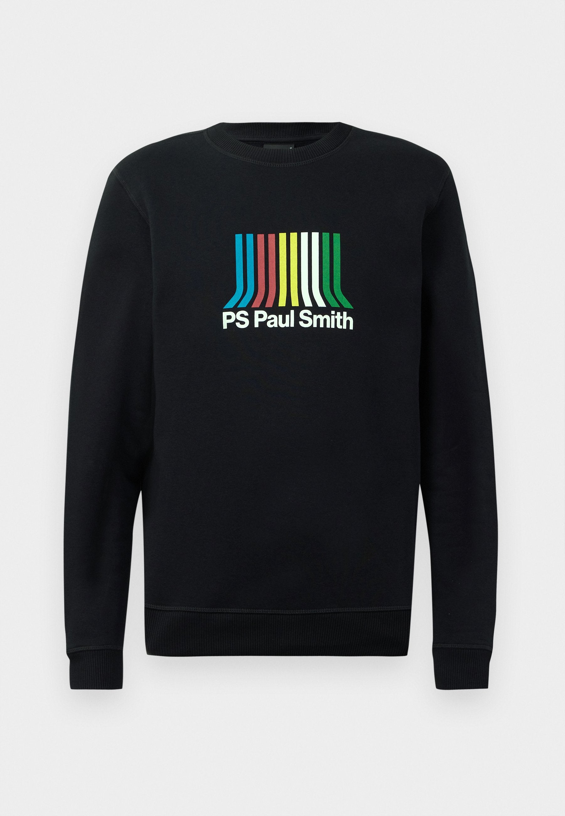 Schwarzer Pullover mit langen Ärmeln und rundem Hals, der das Logo "PS Paul Smith" in lebhaften Streifen in Blau, Rot, Gelb, Grün und Weiß zeigt.
