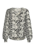 Schwarz-weißes Tierdruckbluse mit V-Ausschnitt, langen Puffärmeln und elastischen Bündchen. Leichtes Material mit strukturierter Oberfläche.