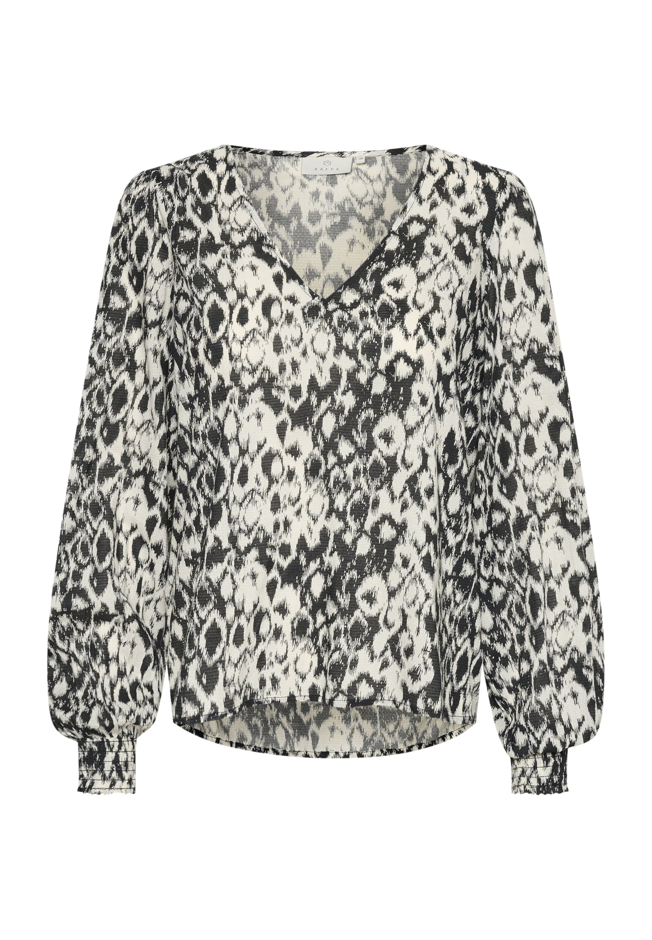 Schwarz-weißes Tierdruckbluse mit V-Ausschnitt, langen Puffärmeln und elastischen Bündchen. Leichtes Material mit strukturierter Oberfläche.