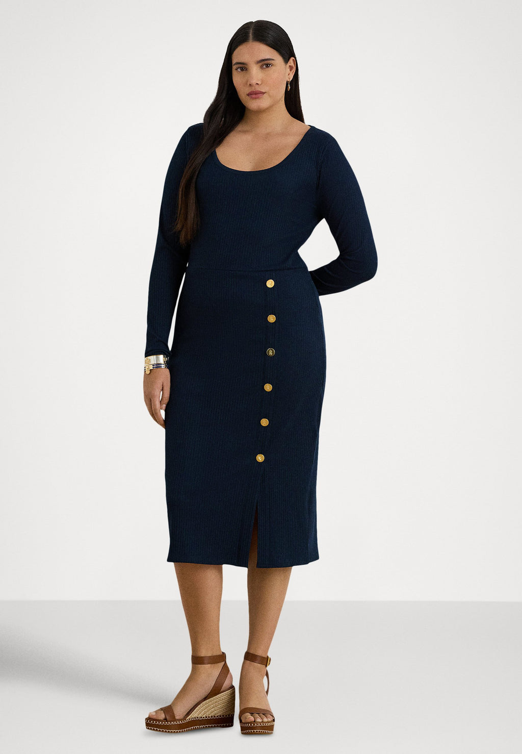 Lauren Ralph Lauren Woman BUTTON-TRIM RIB-KNIT DRESS