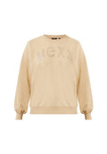 Beiger Pullover mit puffierten Ärmeln und gerippten Bündchen, auf dem in der Mitte der Brust das Wort "MEXX" eingeprägt ist.