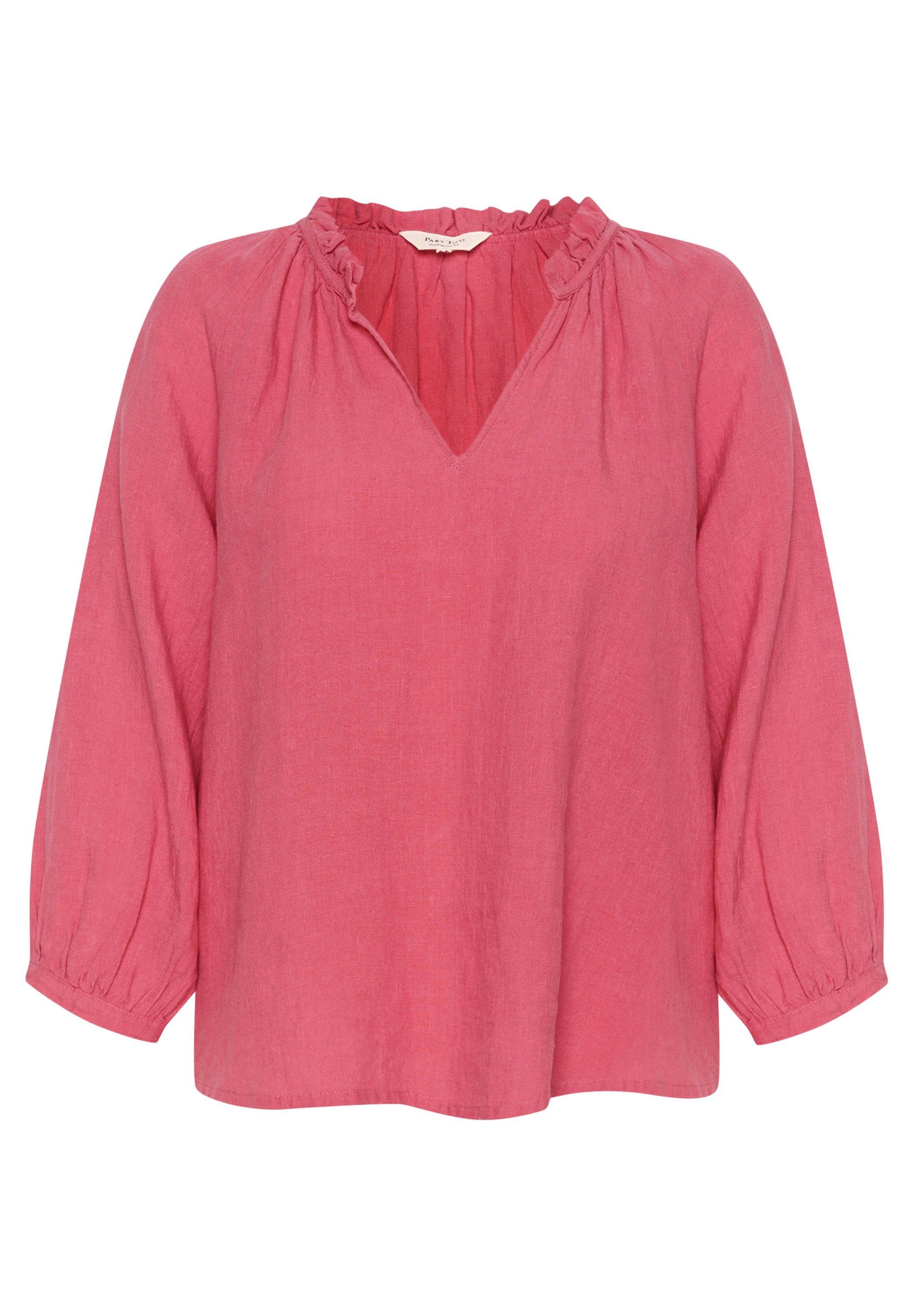 Rosa Leinenbluse mit V-Ausschnitt und rüschigem Halsausschnitt. Verfügt über lange Puffärmel mit elastischen Bündchen und einem lässigen Schnitt. Weicher Stoff.
