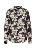 Bluse mit Blumenmuster in Schwarz und Weiß, langärmlig, mit Kragen, leicht abgerundhem Saum und Knopfverschluss auf der Vorderseite.