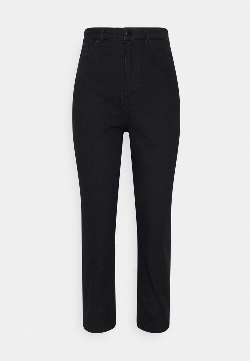 Schwarze Baumwollhosen mit geradem Schnitt, ausgestattet mit einem Frontknopfverschluss und fünf Taschen. Glatte Textur, keine Muster oder Verzierungen.