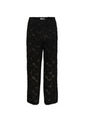 Schwarze Spitzenhose mit floralem Muster, 3/4-Länge, elastischem Bund und transparenter Textur, die mit komplizierten gestickten Details versehen ist.
