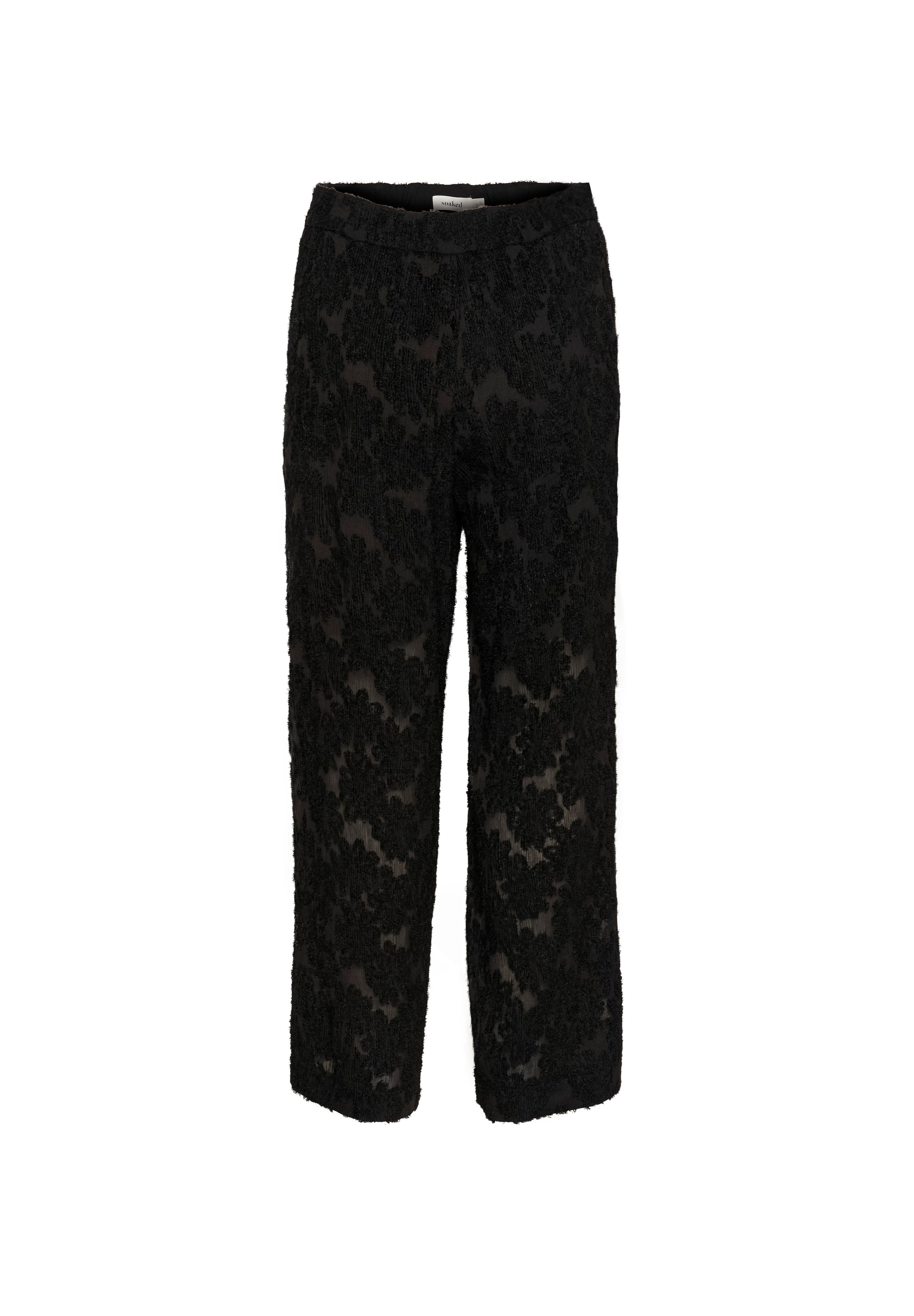 Schwarze Spitzenhose mit floralem Muster, 3/4-Länge, elastischem Bund und transparenter Textur, die mit komplizierten gestickten Details versehen ist.