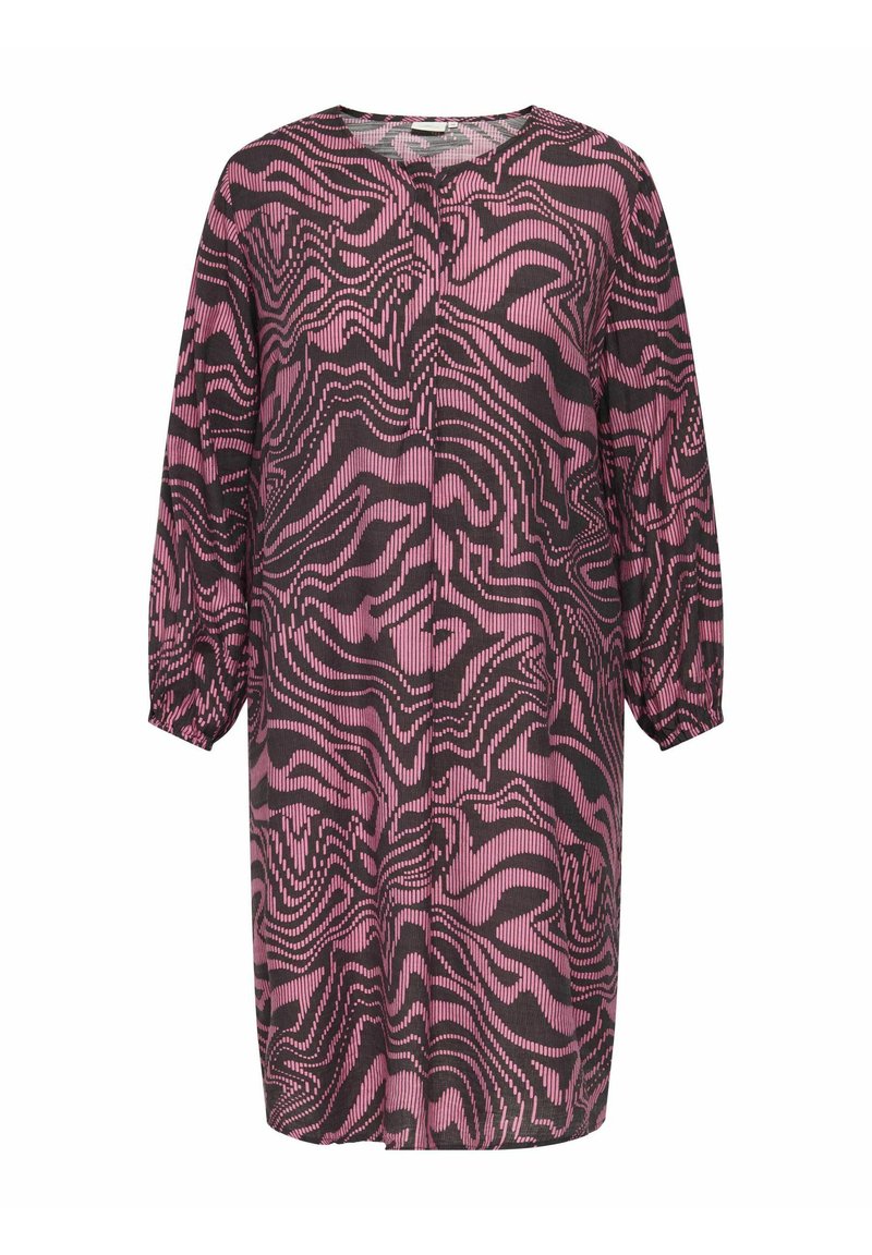 Locker sitendes Kleid im pinken und schwarzen Wellenmuster, lange Ärmel mit elastischen Bündchen, runder Halsausschnitt, leichtes Material.