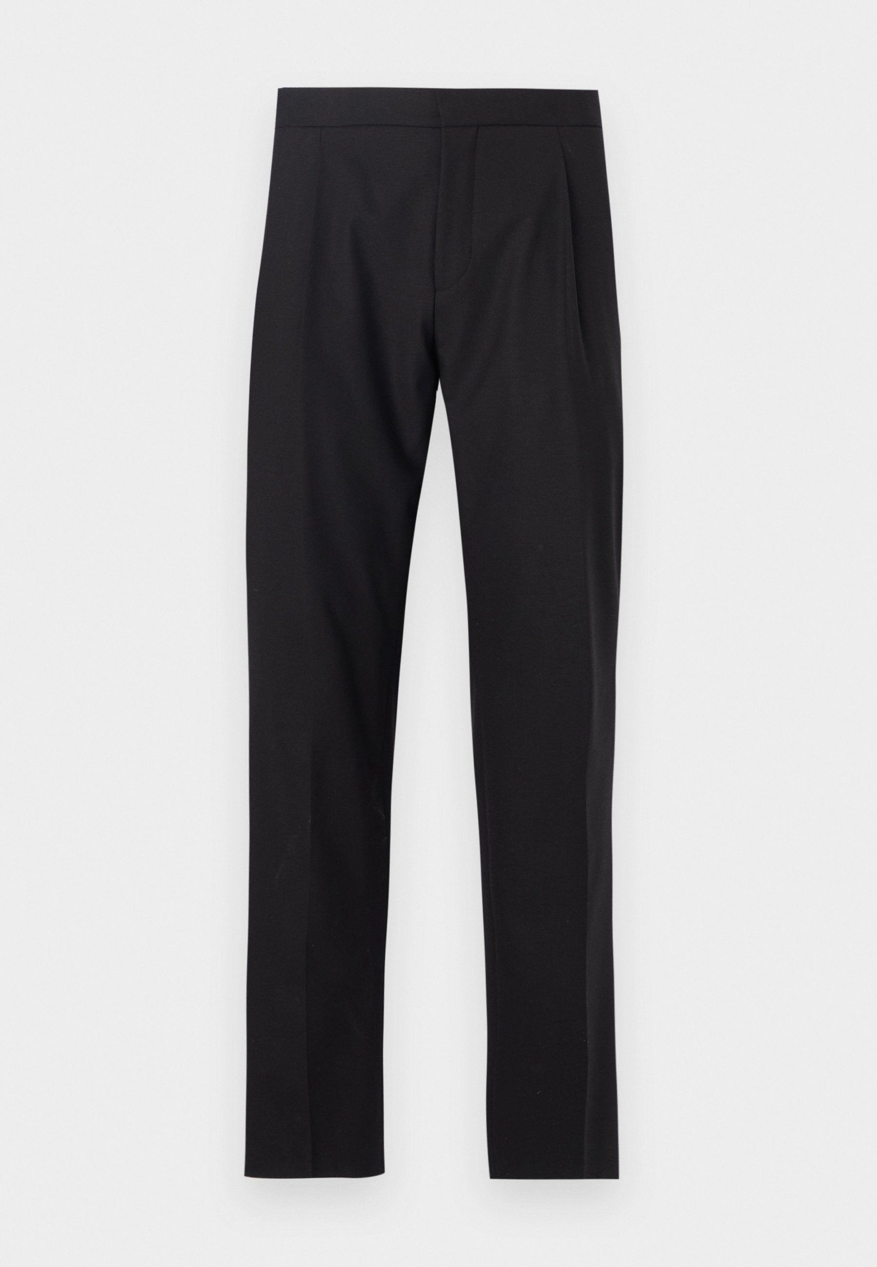 Schwarze gerade Hosen mit glatter Textur, ausgestattet mit zwei vorderen Falten und einem flachen Bund. Keine sichtbaren Beschläge oder Akzente.