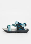 Blaue und türkisfarbene Sandalen mit strukturiertem grauem Fußbett, verstellbaren Riemen und schwarzen Akzenten, ausgestattet mit einer stabilen Gummisohle.