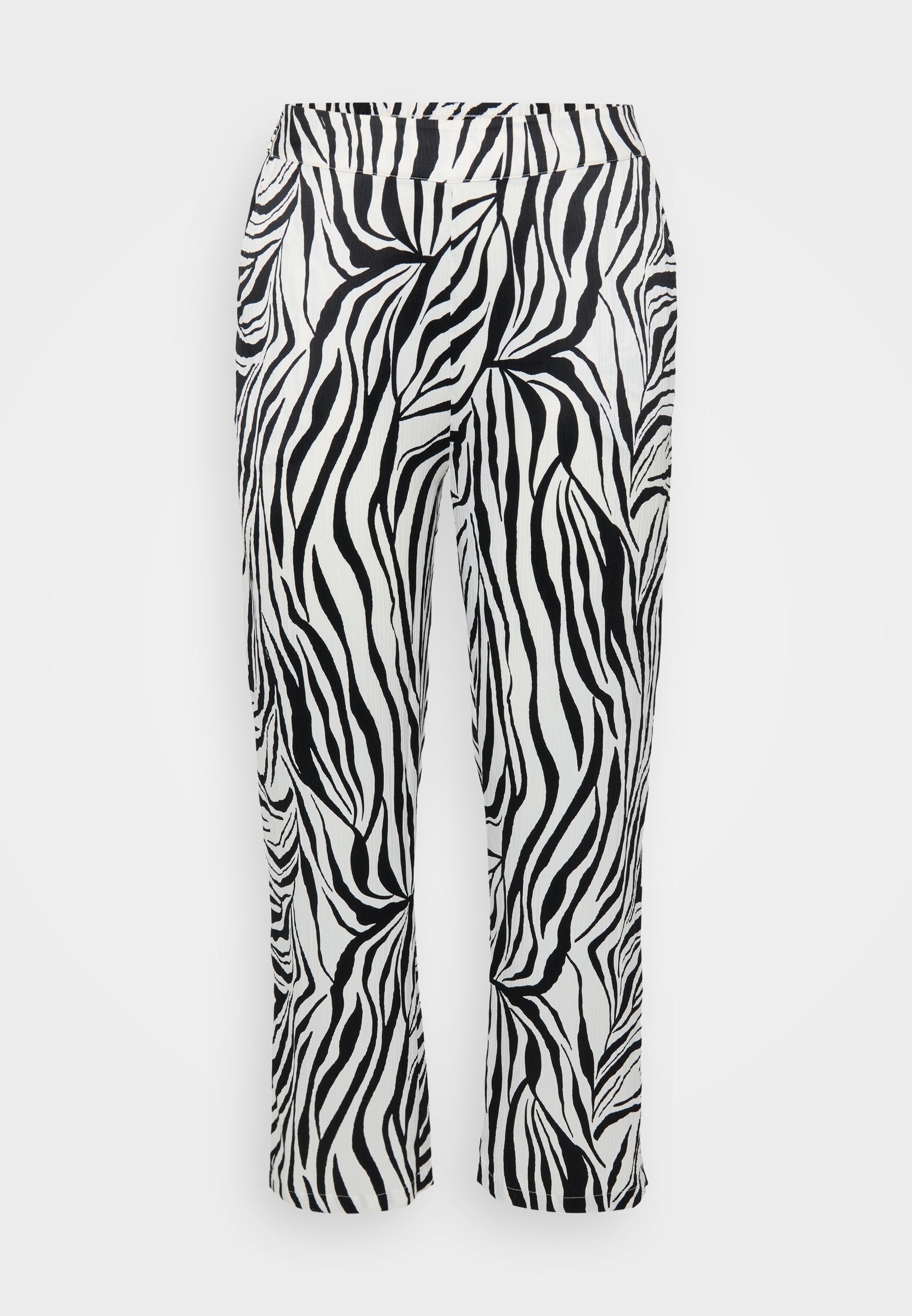 Schwarz-weiß gestreifte Hose mit fließendem Design, elastischem Bund und leicht ausgestellt geschnittenen Beinen mit strukturiertem Finish.