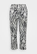 Schwarz-weiß gestreifte Hose mit fließendem Design, elastischem Bund und leicht ausgestellt geschnittenen Beinen mit strukturiertem Finish.