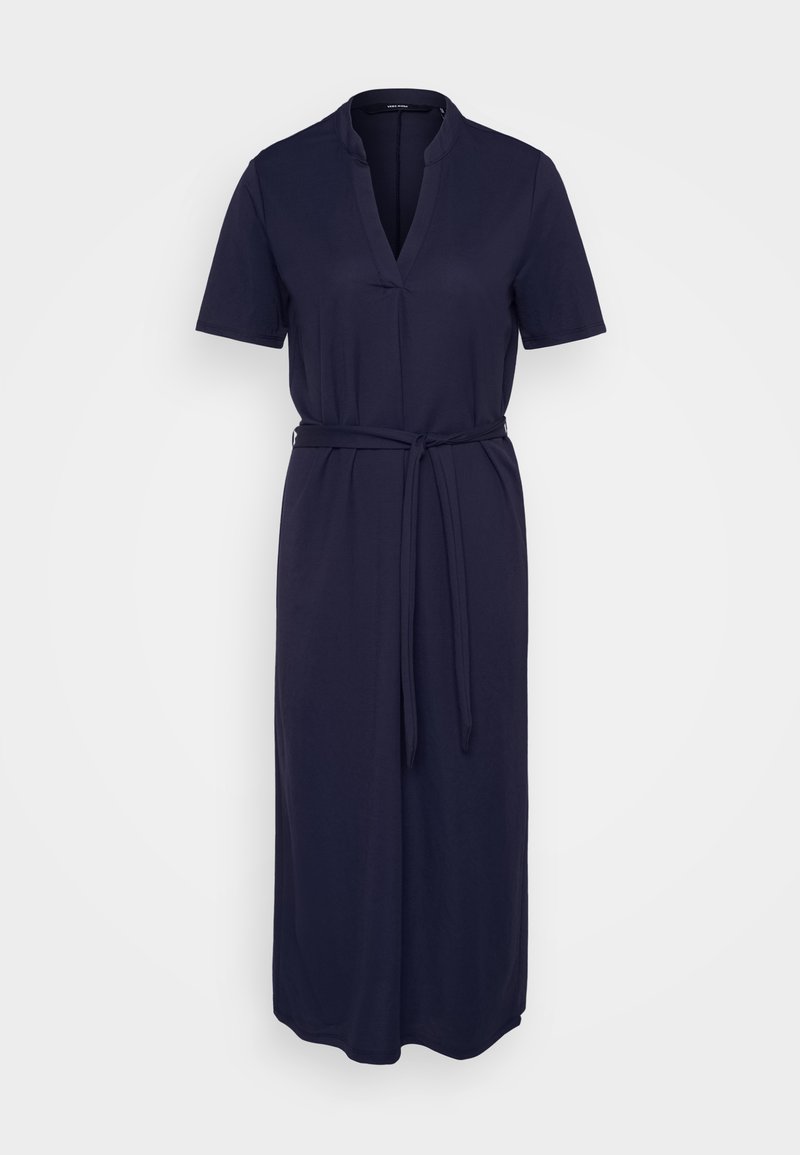 Navyblaues Midikleid mit kurzem Kragen, kurzen Ärmeln und einem gebundenen Taillengürtel. Hergestellt aus weichem Stoff mit glatter Textur. Einfaches Design.