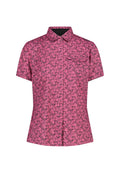 Kurzärmliges Hemd in Pink mit floralem Muster. Verfügt über einen strukturierten Kragen, eine Frontknopfverschluss und eine Brusttasche.