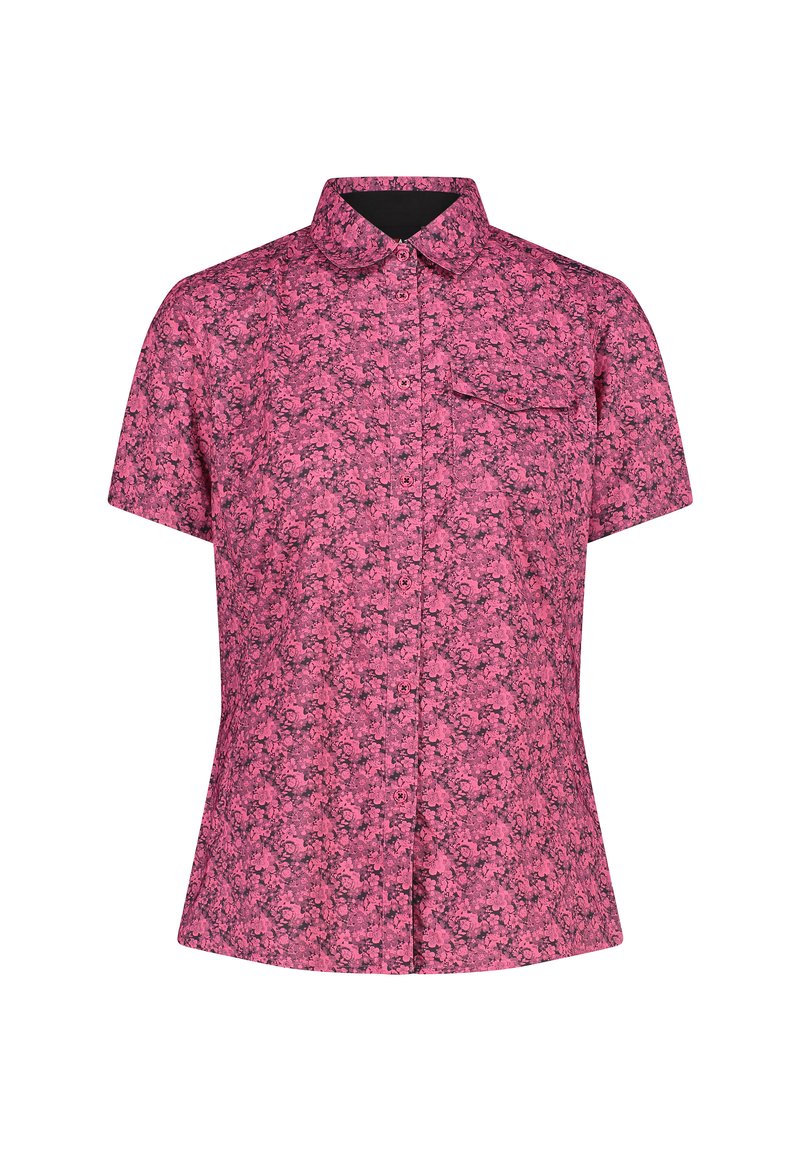 Kurzärmliges Hemd in Pink mit floralem Muster. Verfügt über einen strukturierten Kragen, eine Frontknopfverschluss und eine Brusttasche.