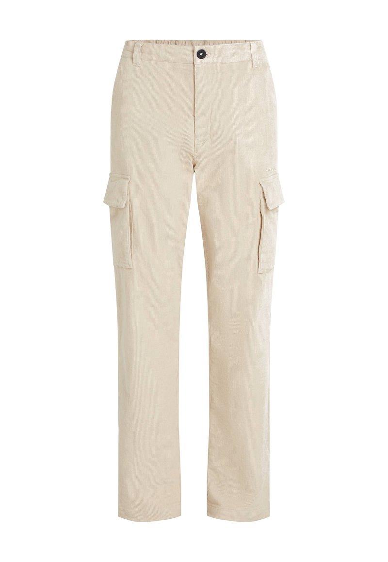 Beige Cargo-Hosen aus strukturiertem Stoff, mit seitlichen Taschen, einem Knopfverschluss und einem geraden Bein.