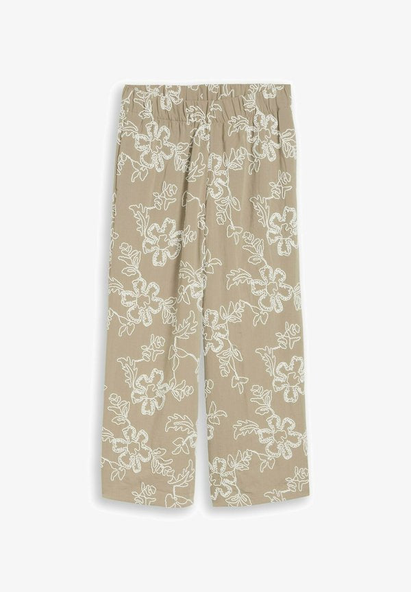 TOM TAILOR TOM TAILOR HOSEN & CHINO CULOTTE HOSE MIT BLUMEN-STICKEREI - Trousers - olive white big flower design