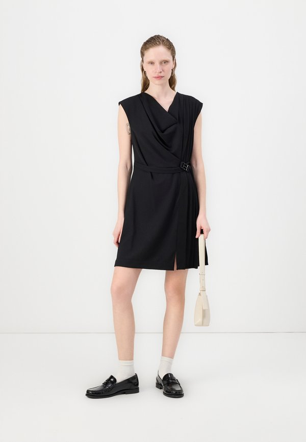 DKNY COWL NECK DRESS WITH PLEATS AND FAUX WRAP