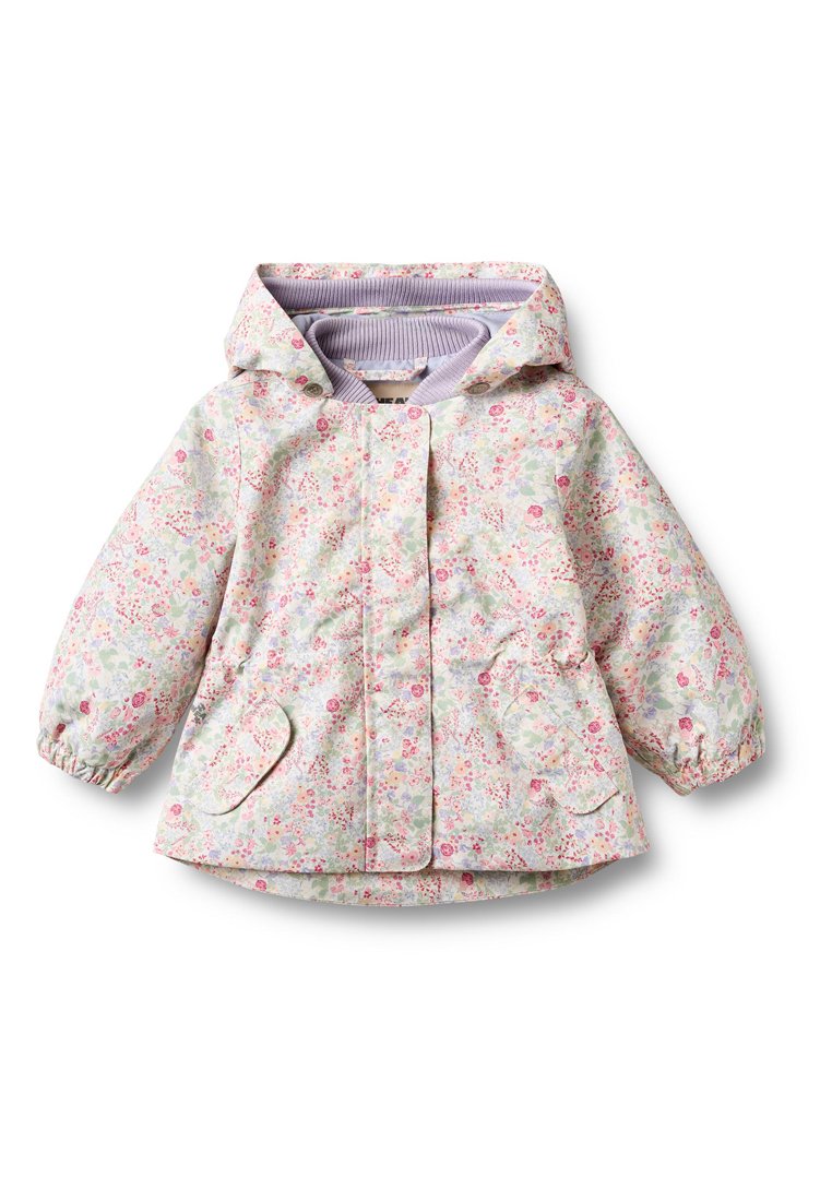 Leichte Jacke mit floralen Mustern und Kapuze, in Pastellfarben, mit elastischen Bündchen und zwei vorderen Taschen. Hergestellt aus einem glatten Stoff.