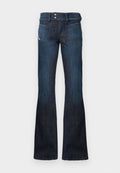 Dunkelblaue Denim-Jeans mit hoher Hüfte, doppeltem Knopfverschluss, vorderen aufgesetzten Taschen und weit ausgestellten Beinen.