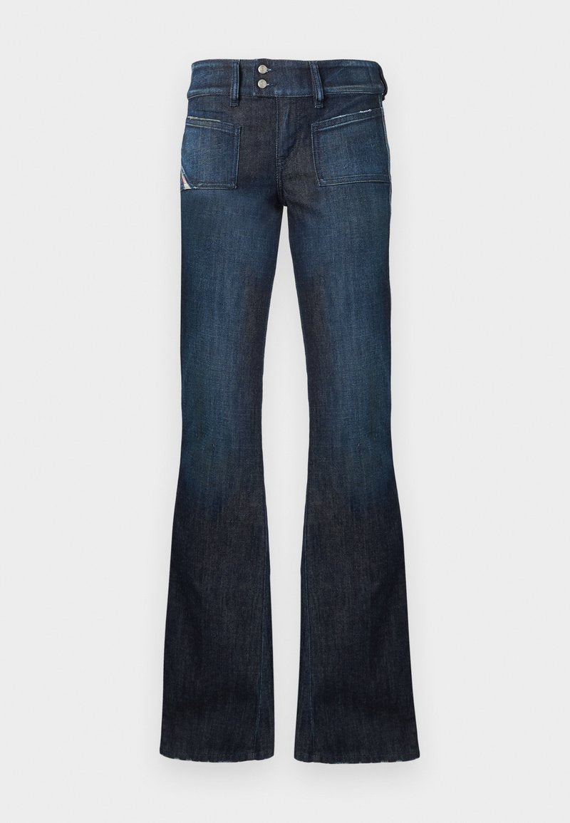 Dunkelblaue Denim-Jeans mit hoher Hüfte, doppeltem Knopfverschluss, vorderen aufgesetzten Taschen und weit ausgestellten Beinen.