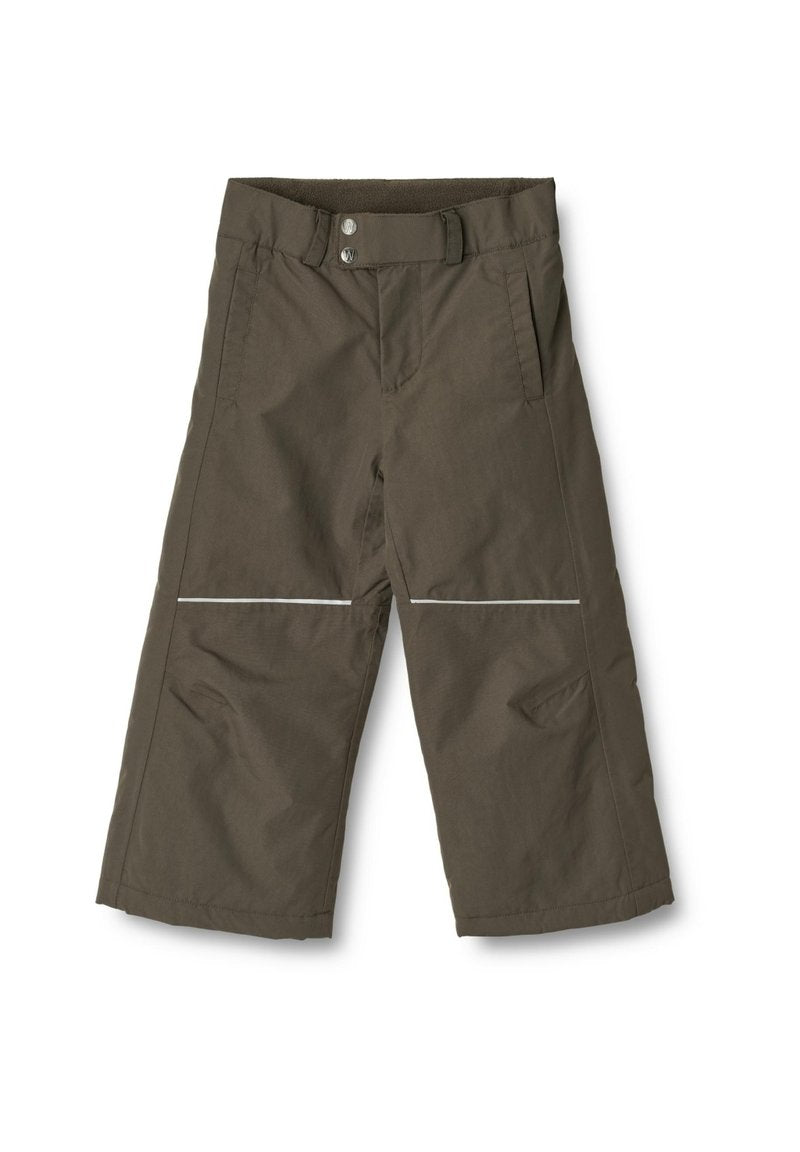 Khaki Shorts aus strapazierfähigem Material, mit zwei Seitentaschen, reflektierenden weißen Streifen und einem sicheren Bund mit Druckknopfverschlüssen.