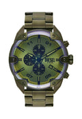 Metall Diesel Chronograph-Armbanduhr mit grünem Zifferblatt, drei Unterzifferblättern, Datumsfenster und Metallgliedarmband, eingestellt auf 10:09:10.