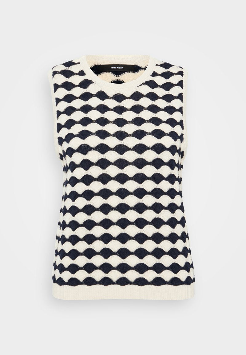 Navy- und cremefarbener ärmelloser Strickpullover mit Wellenmuster, V-Ausschnitt und geripptem Saum. Hergestellt aus einem weichen, strukturierten Stoff.