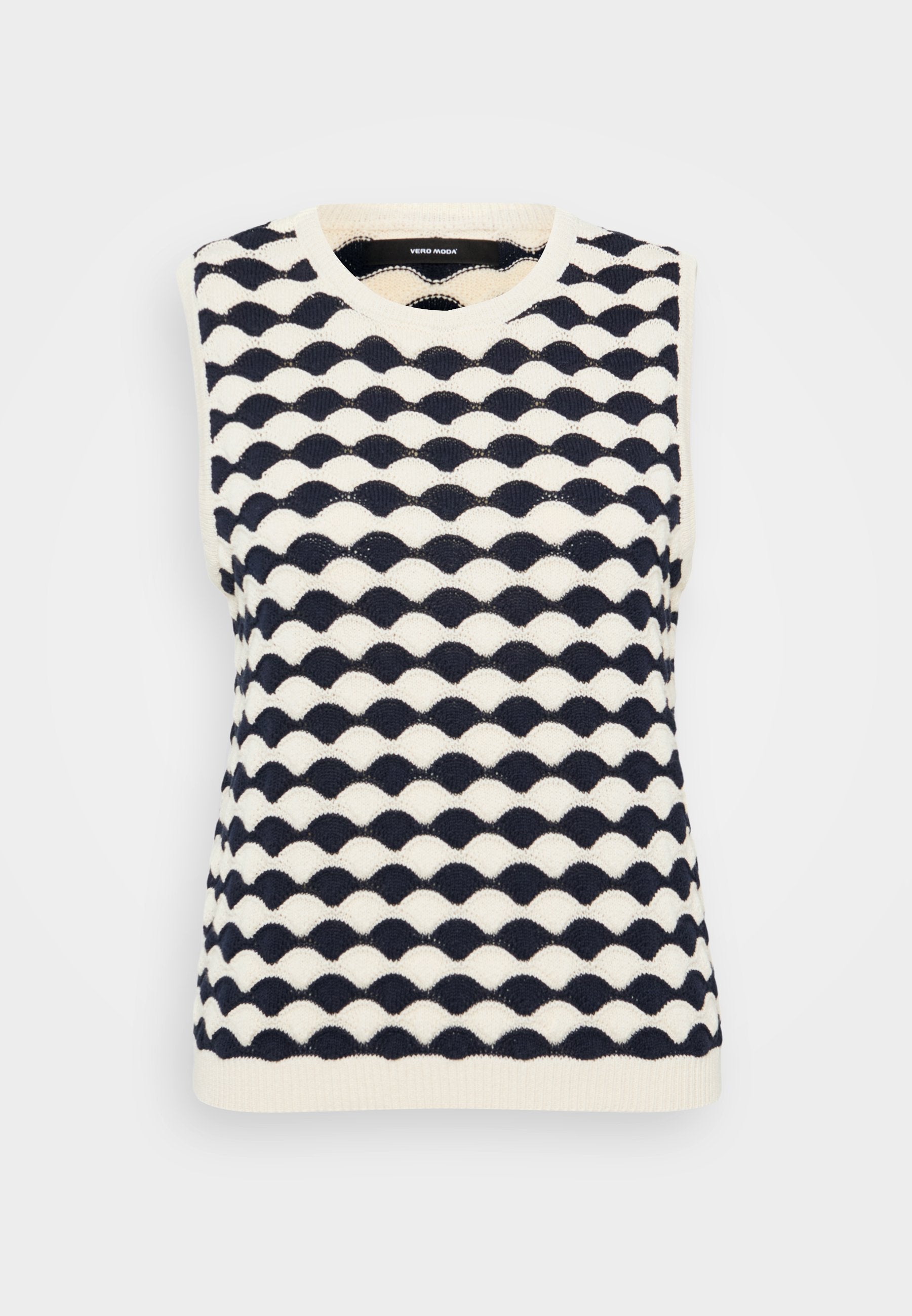Navy- und cremefarbener ärmelloser Strickpullover mit Wellenmuster, V-Ausschnitt und geripptem Saum. Hergestellt aus einem weichen, strukturierten Stoff.