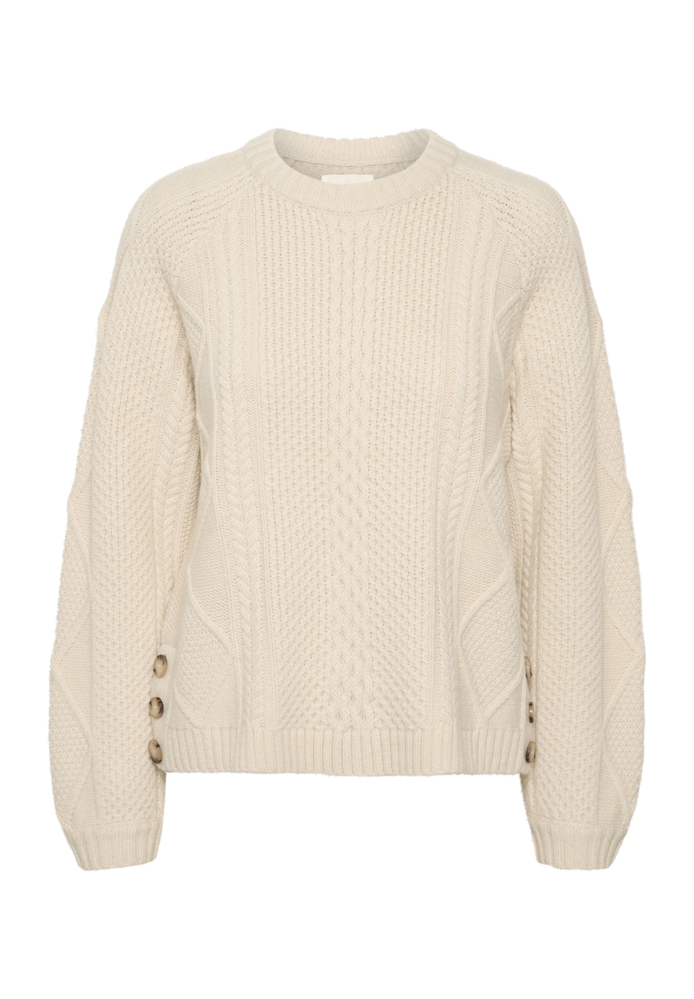 Flauschiger cremefarbener Strickpullover mit einem strukturierten Muster, weiten Ärmeln und seitlichen Knopfdetails. Mit einem gerippten Halsausschnitt und Saum.