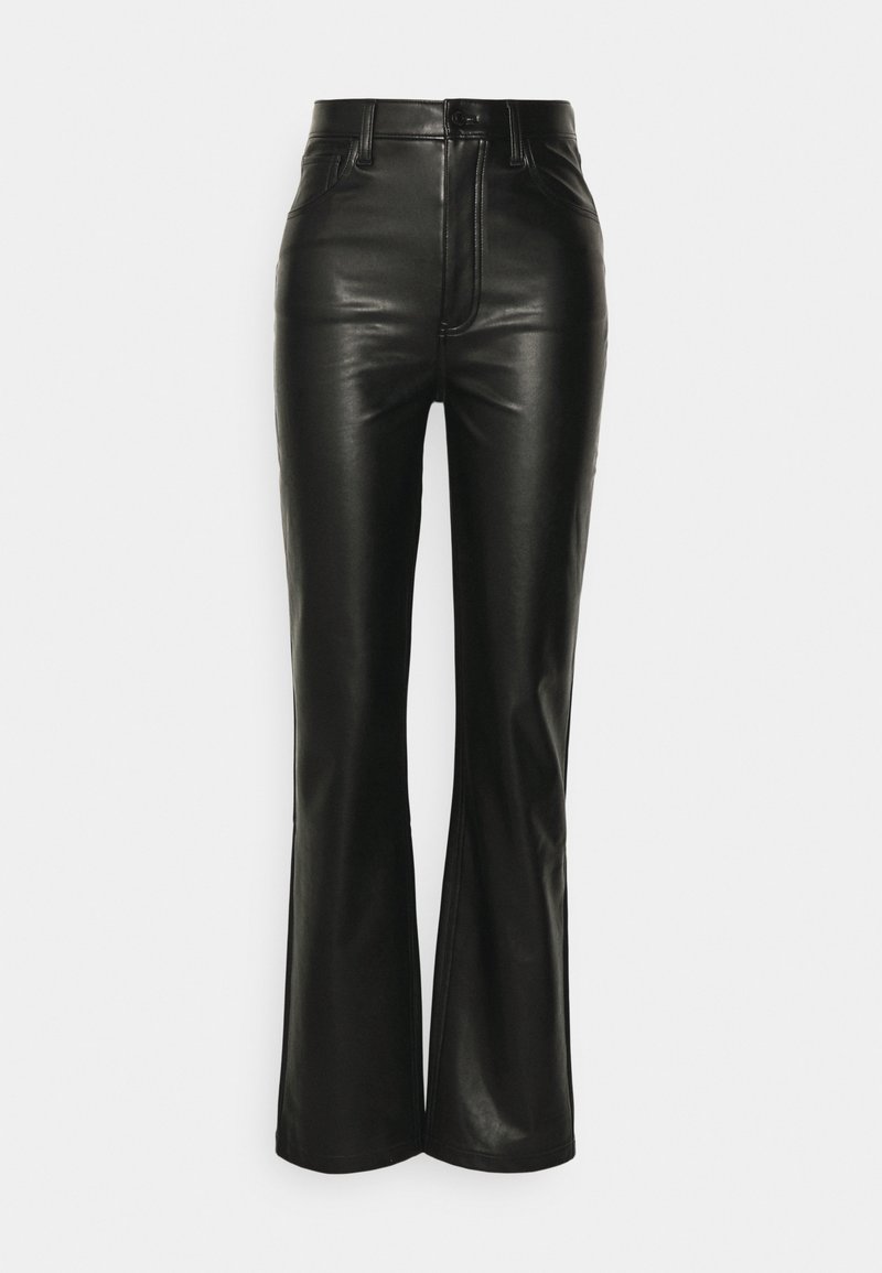 Schwarze Leder-weit geschnittene Hose mit hohem Bund, featuring eine glatte Textur, zwei vordere Taschen und einen verdeckten Reißverschluss.