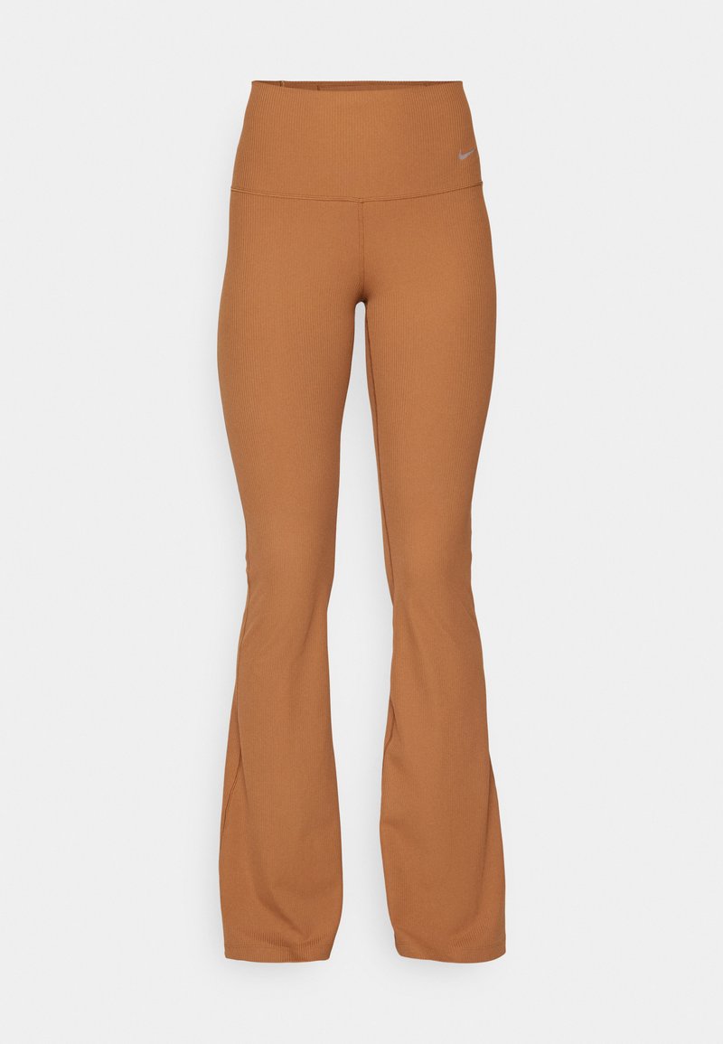 Braune, gerippte, ausgestellt Leggings mit hoher Taille; aus einem dehnbaren Material gefertigt; verfügt über ein kleines Logo auf der Vorderseite.
