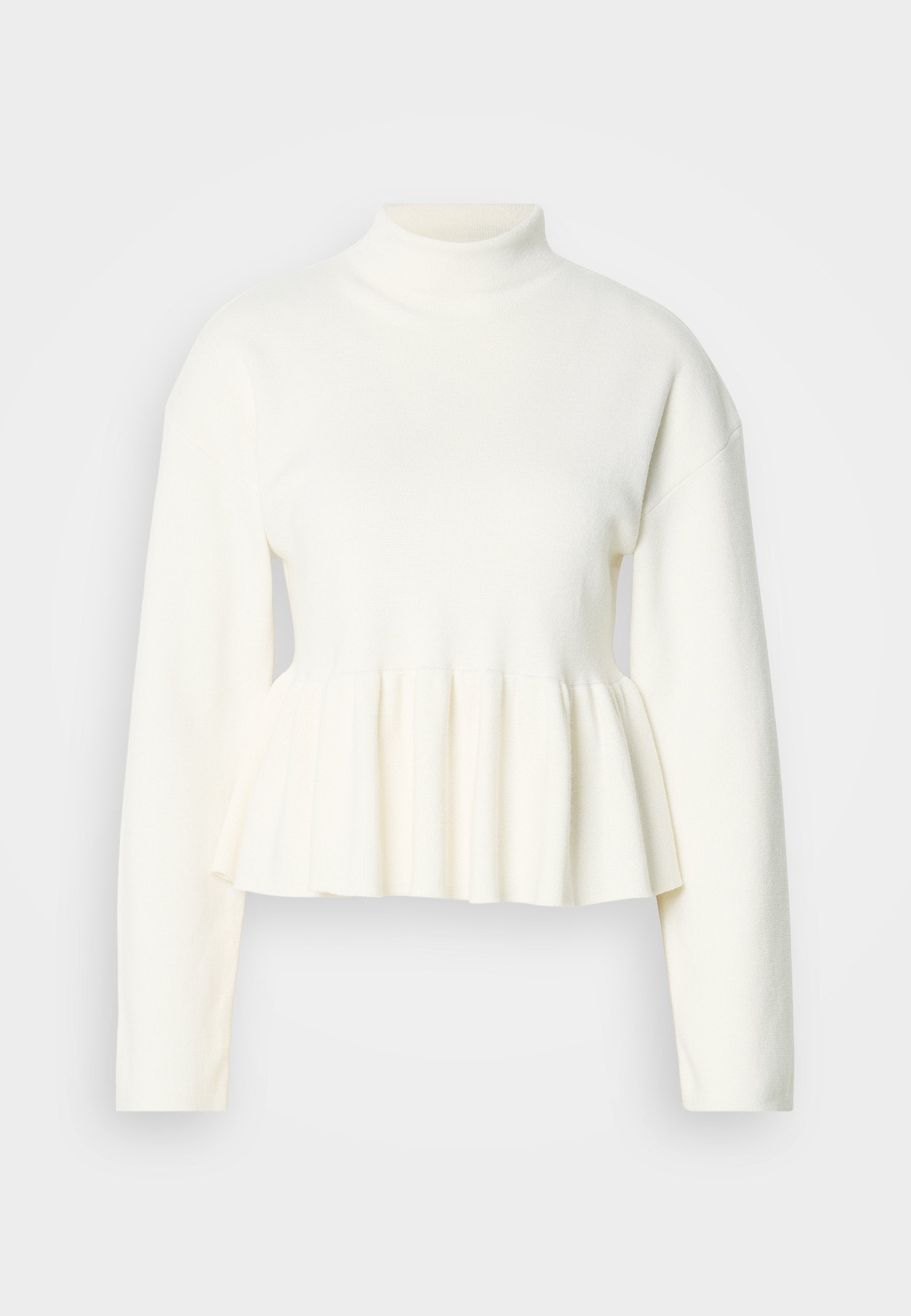 Weißes Langarmshirt mit hohem Kragen und peplumförmigem Saum. Sanfter, strukturierter Stoff mit schmalem Oberteil und weit ausgestellt unterem Teil.