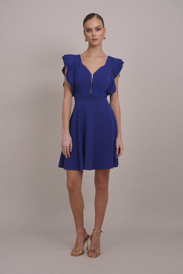 WAL G. DANYA RUFFLE SLEEVE ZIP SKATER DRESS