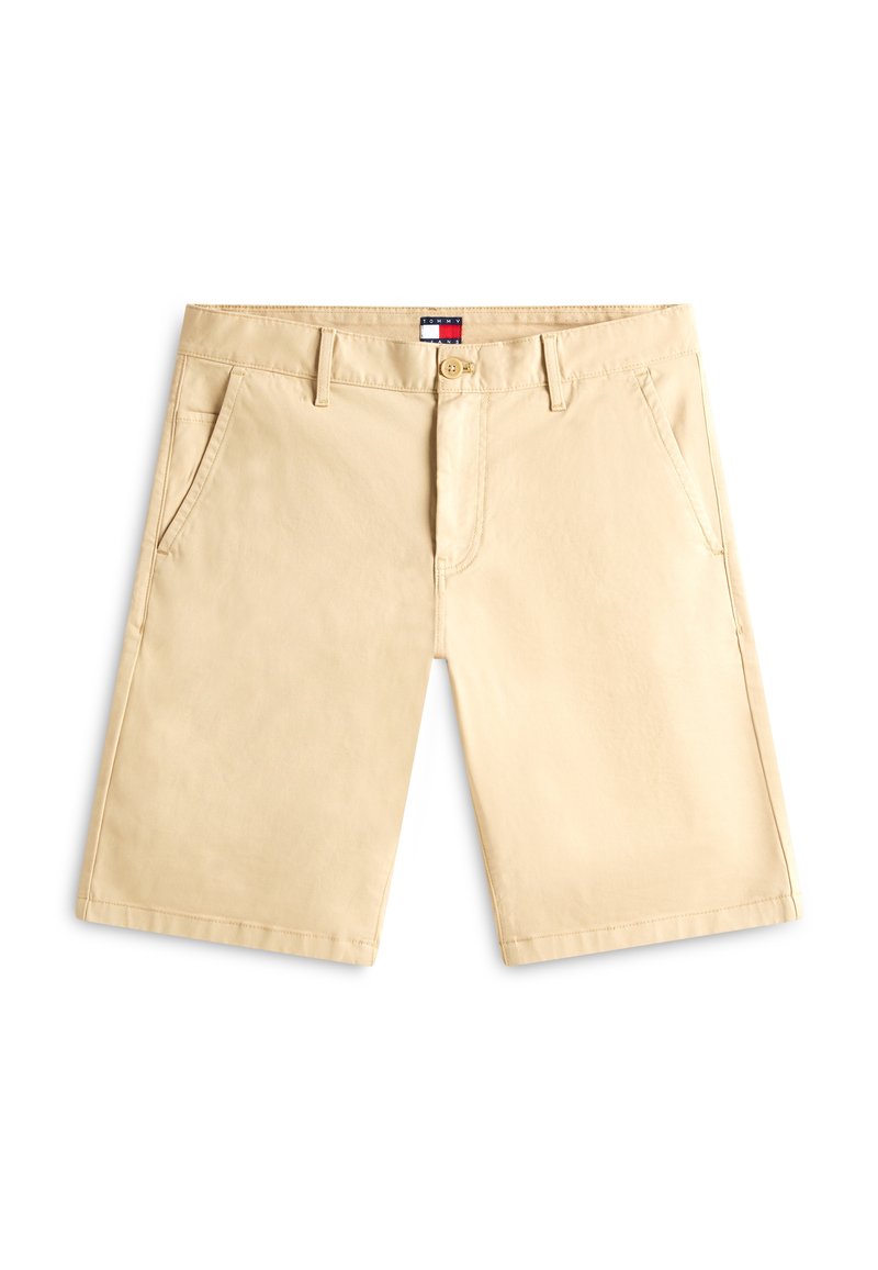 Beige knielange Herren-Shorts mit Gürtelschlaufen, vorderem Knopf und Reißverschluss, zwei Seitentaschen und einem kleinen Logotag am Taillenbund.