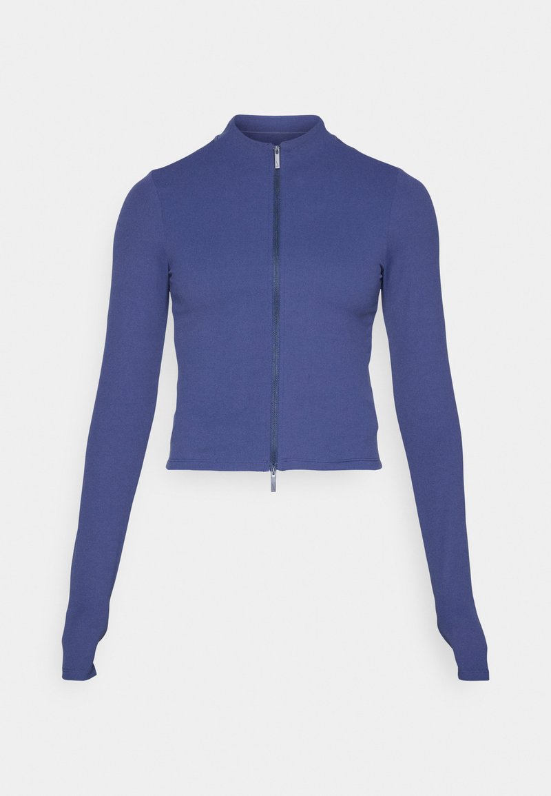 Anpassbare langärmlige Zip-Jacke in Dunkelblau. Hergestellt aus dehnbarem Material, mit hohem Kragen und glatter Textur. Schlichtes Design.