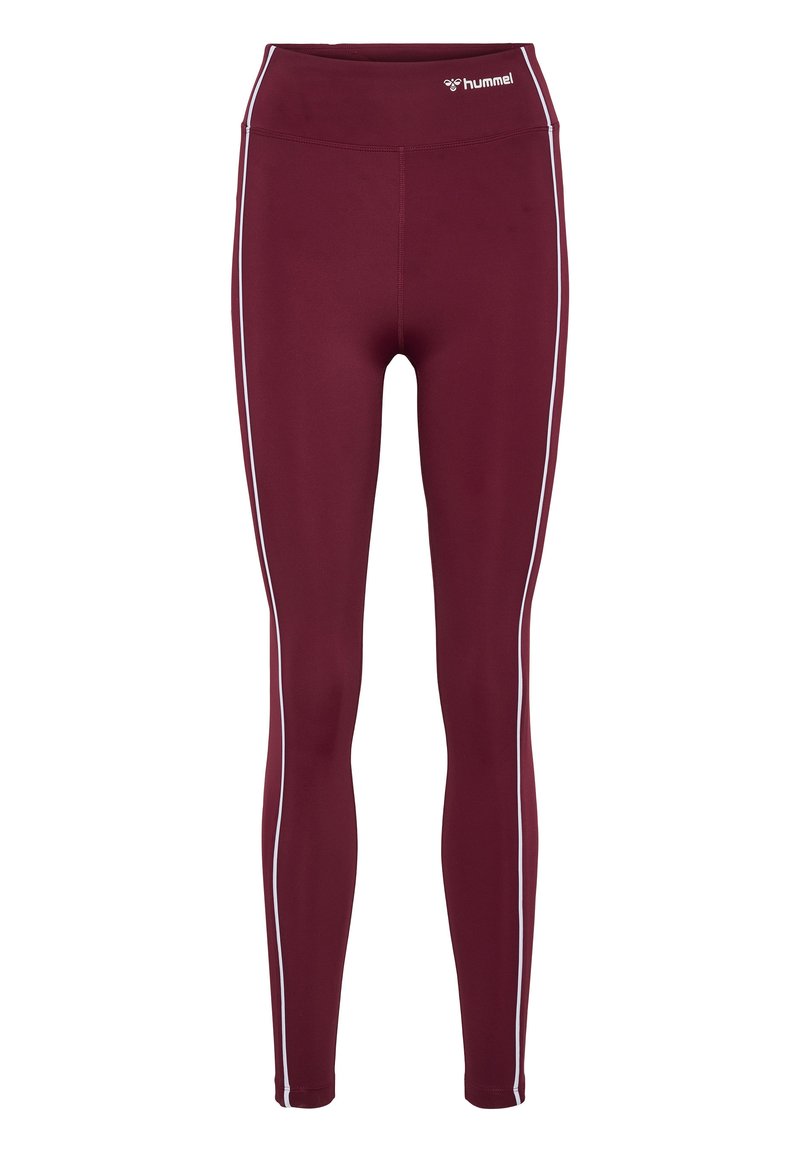 Burgunderfarbene Leggings mit hohem Bund, die weiße Seitenstreifen und ein Logo am Bund aufweisen. Hergestellt aus dehnbarem, glattem Stoff.