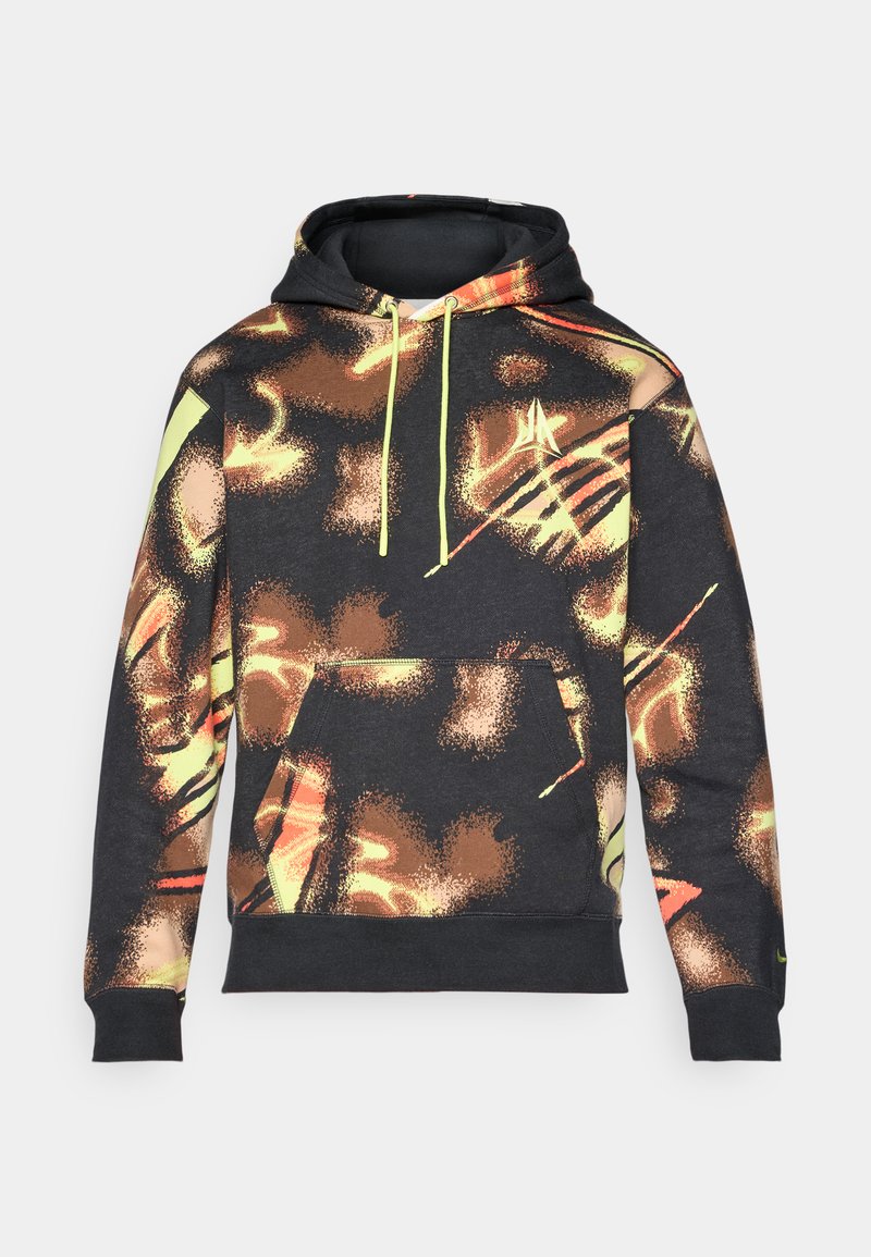 Schwarzer Hoodie mit lebhaftem abstraktem Muster in Orange und Gelb. Verfügt über eine vordere Tasche, eine Kordelzugkapuze und gerippte Bündchen und Saum.