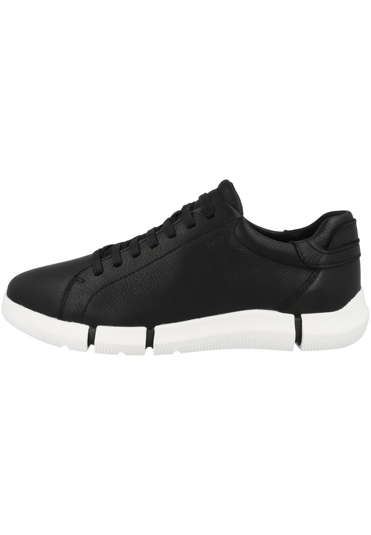 Schwarze Ledersneaker mit einem flachen Design, runder Zehenpartie und weißer Gummisohle. Strukturierter Oberstoff mit traditionellem Schnürverschluss.