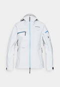 Weiße wasserdichte Jacke mit Kapuze, kontrastierendem hellblauen Reißverschluss, mehreren Reißverschlusstaschen und schwarzen Akzenten. Glattes, strukturiertes Gewebe.