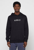 Schwarzer Kapuzenpullover mit Fronttasche, mit grauem "Hurley"-Logo. Hergestellt aus weichem Stoff, entspannte Passform mit gerippten Bündchen und Saum.