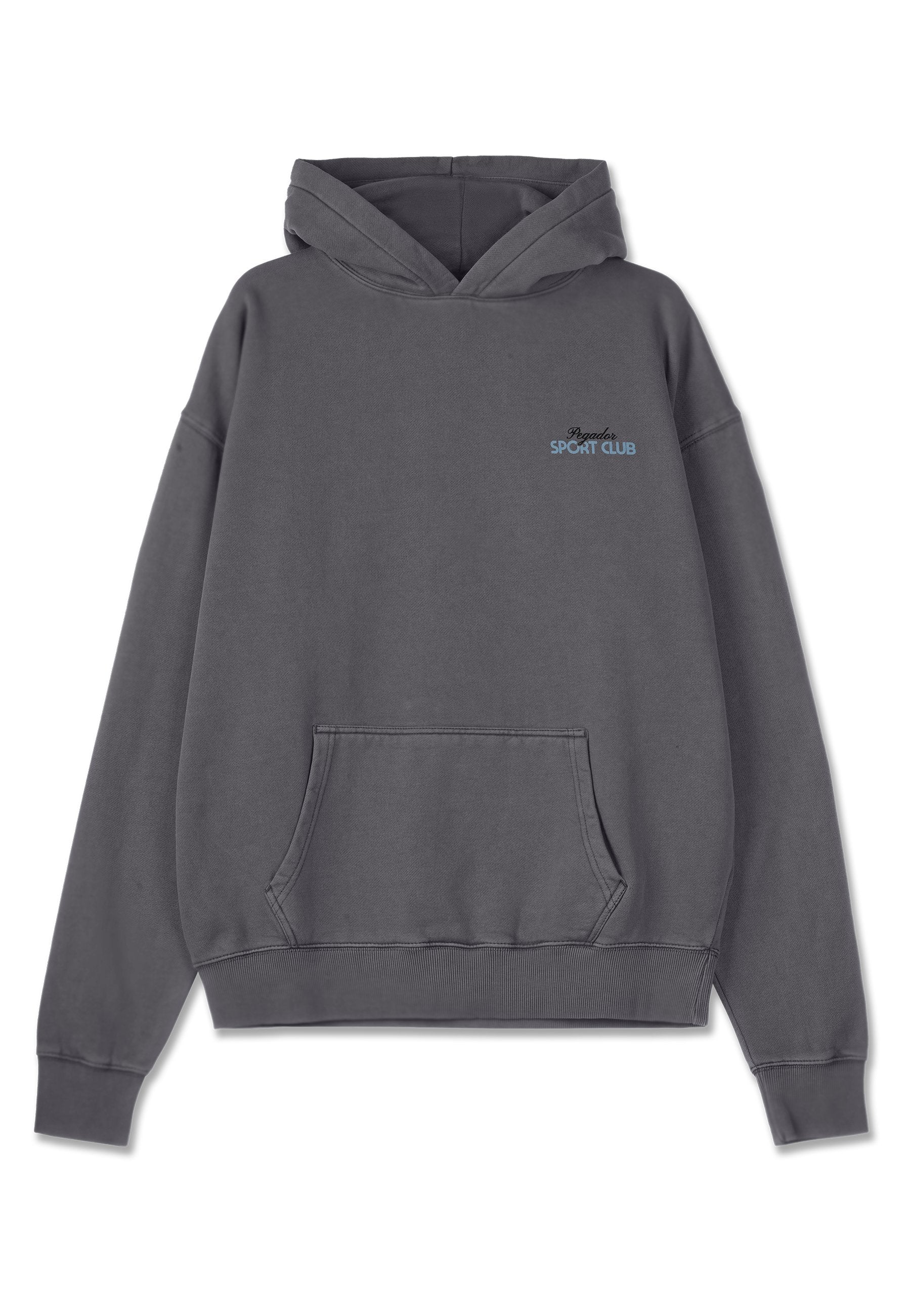 Grauer Kapuzenpullover aus Baumwollmischung. Verfügt über eine vordere Kängurutasche, gerippte Bündchen und ein kleines blaues "Sport Club"-Logo auf der Brust.