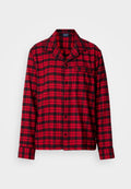 Rotes und schwarzes kariertes Pyjama-Oberteil mit Reverskragen, Knopfleiste und einer Brusttasche. Hergestellt aus weichem Stoff mit entspanntem Schnitt.