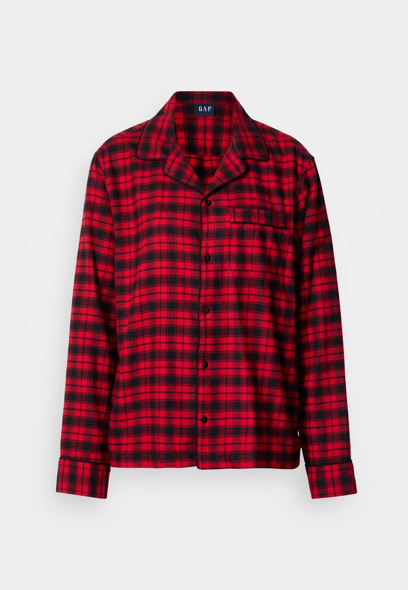 Rotes und schwarzes kariertes Pyjama-Oberteil mit Reverskragen, Knopfleiste und einer Brusttasche. Hergestellt aus weichem Stoff mit entspanntem Schnitt.