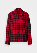 Rotes und schwarzes kariertes Pyjama-Oberteil mit Reverskragen, Knopfleiste und einer Brusttasche. Hergestellt aus weichem Stoff mit entspanntem Schnitt.