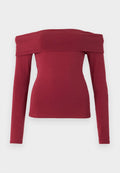 Bordeauxfarbendes Off-Shoulder Langarmoberteil. Figurbetontes Design, glatte Textur und weiter Ausschnitt. Schlichte, minimalistische Nähte an den Bündchen und am Saum.