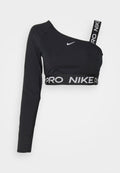 Schwarzes Nike-Crop-Top mit langen Ärmeln, asymmetrischem Design, ausgestattet mit einem breiten elastischen Bund mit "PRO NIKE" in grauen Buchstaben und einem Schulterträger.