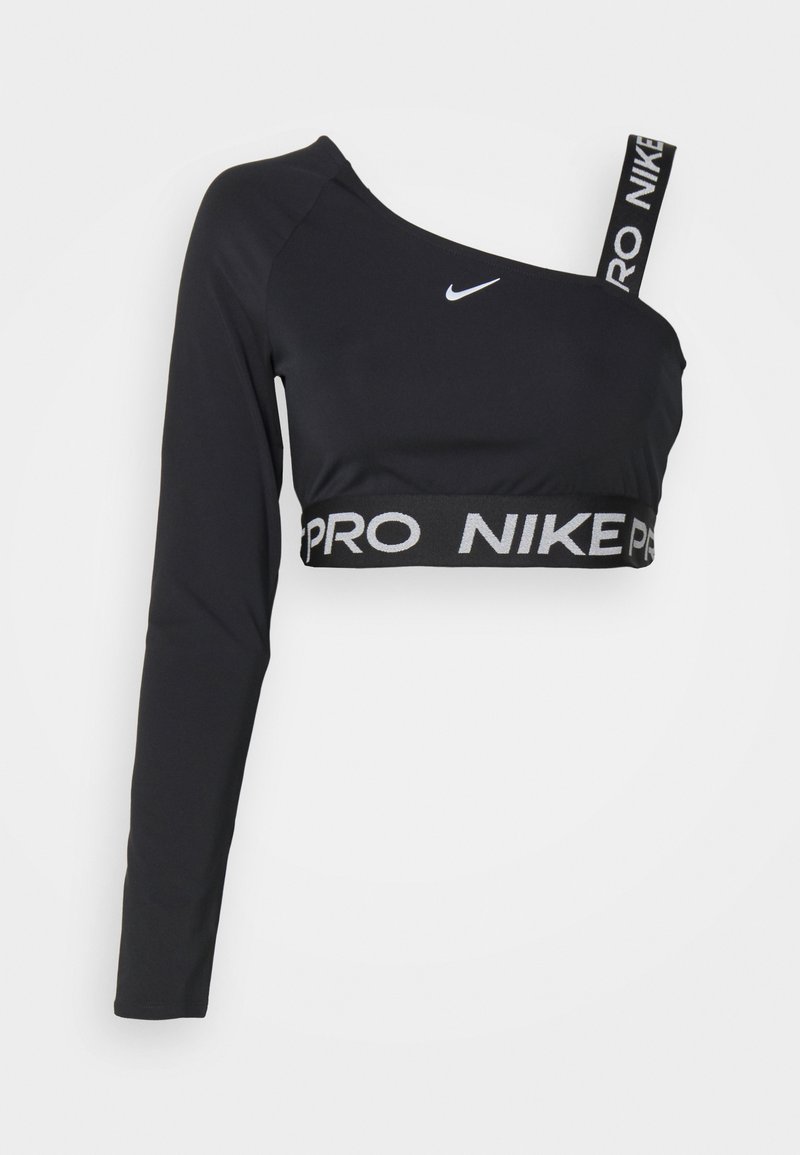 Schwarzes Nike-Crop-Top mit langen Ärmeln, asymmetrischem Design, ausgestattet mit einem breiten elastischen Bund mit "PRO NIKE" in grauen Buchstaben und einem Schulterträger.
