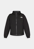 Schwarze, leichte Jacke mit Kapuze und elastischen Bündchen. Mit einem Reißverschluss auf der Vorderseite und dem "The North Face"-Logo auf der Brust.